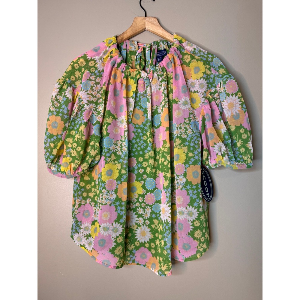 Scoop Womens Floral Puff Sleeve Tie Back Blouse Green Pink Yellow L 12-14 NWT